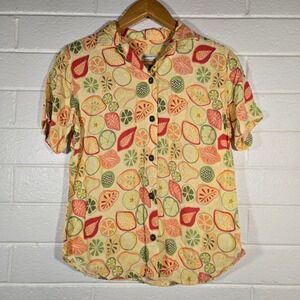 Sportif USA Fruit Print Button Up Shirt Large Yellow Rayon Tropical Aloha Camp